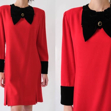 Vintage 80s Albert Nipon Red Silk Blend Shift Dress w/ Black Velvet Bow Trim & Onyx Jeweled Buttons | 1980s Designer Holiday Winter Dress 