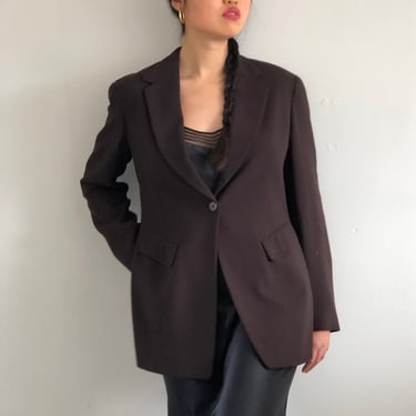 90s long wool blazer / vintage dark brown wool single button elegant Donna Karan designer blazer USA | Medium 