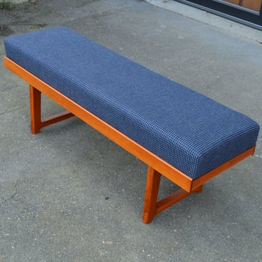 Teak Petite Korbo Bench for Bruksbo w/ New Gray Herringbone Upholstery