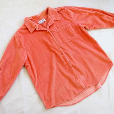 Vintage 90s Corduroy Button Up L XL  - 1990s Bright Coral Pink Chunky Wild Wale Collared Cord Shirt - Baggy 