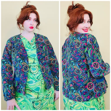 1960s Vintage Neon Psychedelic Velvet Jacket / 60s / Sixties Kaleidoscope Paisley Coat / Size Large - XL 