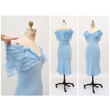 Vintage 00s Y2K Silk Bias Cut Dress By Carol Peretz Blue Silk Dress small 90s 00s Y2k Silk Ruffle Off the Shoulder Tank Bias Cut Dress 