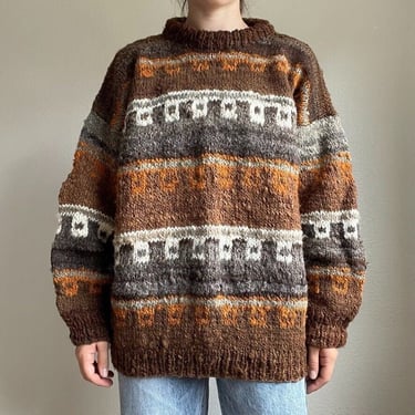 Hand Knit Ecuador Oversized Orange Chunky Knit Pullover Crewneck Sweater Sz XL 