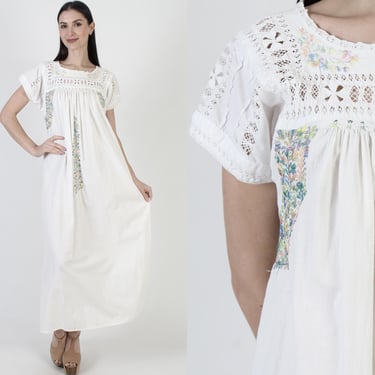 White Cotton Oaxacan Dress, Mexican Pastel Floral, Hand Embroidered Fabric, Cut Out Bodice, Beach Cover Up 