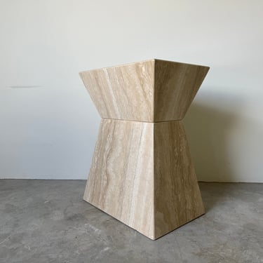 Italian Postmodern Beige Travertine Geometric Pedestal / Dining Table Base 