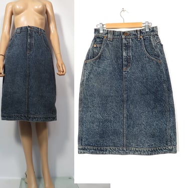 Vintage 80s Lee Stonewash High Waist Denim Midi Skirt Made In USA Size 27 Waist 