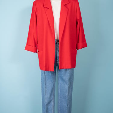 80s Bright Red Open-Front Blazer with Cuffed 3/4 Sleeves 