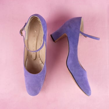 RARE Vintage 1960s Joseph Magnin Mister J Lavender Suede Heels with Ankle Strap Made in Italy 