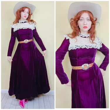 1970s Vintage Homemade Purple Velvet Maxi Dress / 70s Goth Cream Lace Pie Crust Bib Prairie Gown / Size Small - Medium 