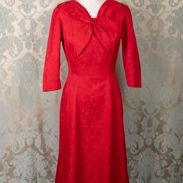 Gorgeous 1950s Jean Lang Original True Red Jacquard Cross Front Cocktail Dress 