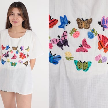 Embroidered Butterfly Shirt 90s White Floral Blouse Flower Print Girly Short Sleeve Top Retro Kawaii Cotton Vintage 1990s Large L 