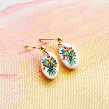 Elegant Hand Painted Flower Ceramic Earrings, Handmade Porcelain Earrings, Porcelain Ceramic Charms, Colorful Flower Bouquet, Handmade Gift 