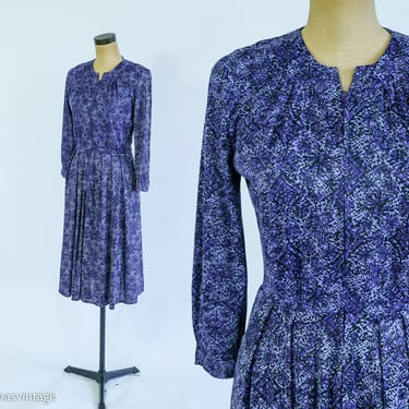 1950s Purple Print Dress | 50s Purple Print Nylon Dress | Shelton Stroller | Medium 