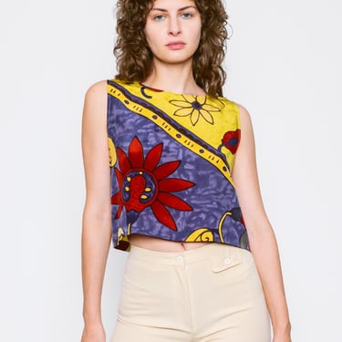 Medium 90s Silk Batik Floral Cropped Tank | Vintage Boho Sleeveless Button Back Crop Top 