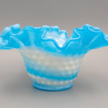 Kanawha Blue Slag Glass Hobnail Ruffled Bowl | Vintage Mid Century Glassware 