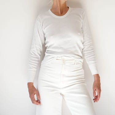 Vintage White Ribbed Cotton Shirt | Rib Knit Long Sleeve Layer Top | Scoop Neck Thermal | S M 