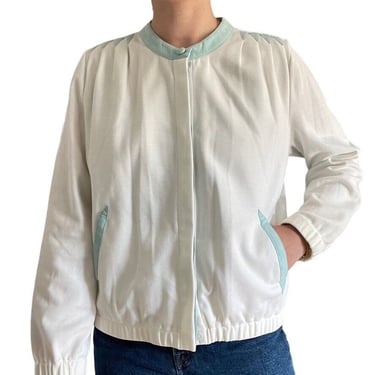 Vintage Womens St. Croix Knits White with Blue Suede Trim Cardigan Preppy Jacket 