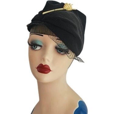 Vintage 30s Art Deco Style Hat Black w/Cream Lucite Modernist Design 
