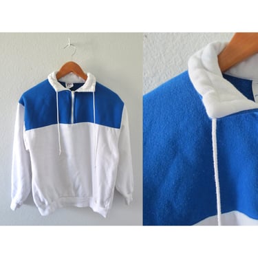 Vintage Pullover Sweatshirt - Colorblock Collared Zip Up Fleece Lined Sweater - Unisex - Color Block - Size Medium 