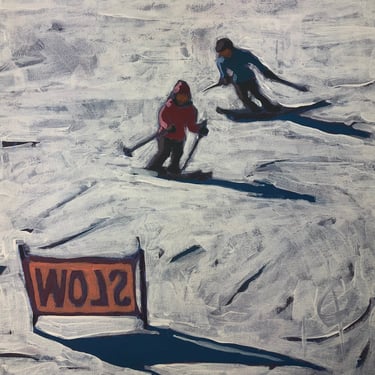 Skiers #8  |  Original Acrylic Painting on Canvas, 10 x 10, michael van, snow, figurative, landscape, skiing, winter, gallery wall, small 