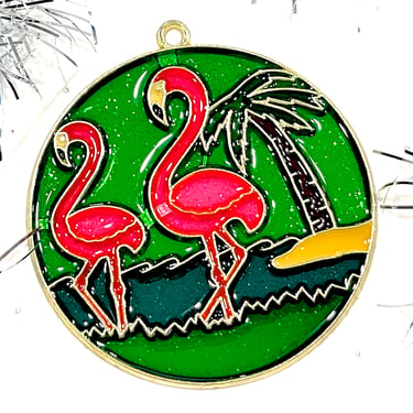 VINTAGE: 1980s - Retro Metal and Glittered Resin Flamingo Ornament - Faux Stain Glass - Light Sun Catchers - Gift - SKU 15-E2-00017344 
