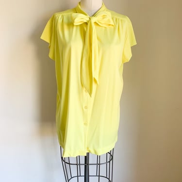 Vintage 1970s Bright Yellow Ascot Tie Blouse / L-XL 