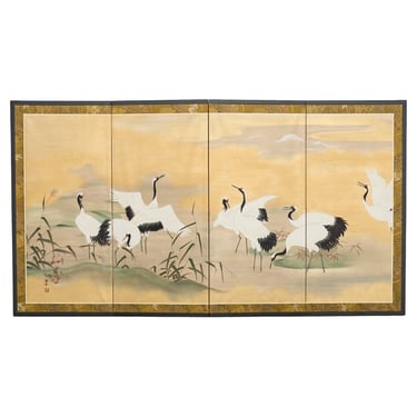 Japanese Showa Four Panel Screen Cranes in Stream