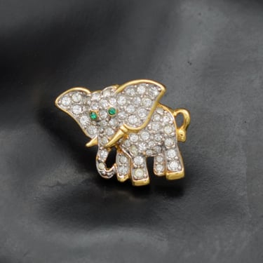 90's Swarovski crystal gold plate elephant tie tack, retired green eyed designer elephant hat lapel pin 