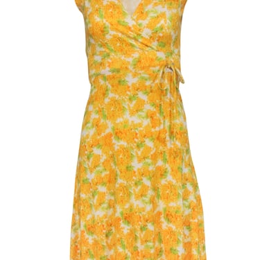 Diane von Furstenberg - Yellow Floral Print Silk Faux Wrap Dress Sz 2