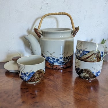 Vintage Japanese Seascape Seagulls Teapot and 3 Cups 