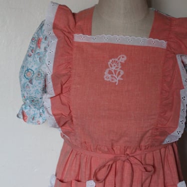 Vintage 70s Gunne Sax inspired Floral Maxi/Apron Dress with Short Sleeves and Square Collar with Embroidery; Coral and Blue Floral Print 