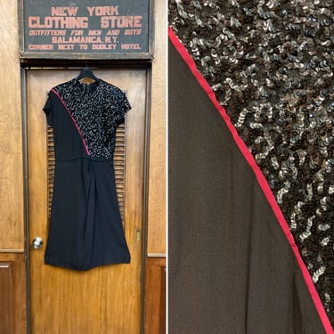 Vintage 1940’s Inky Black Vamp Deco Two Tone Sequin Dress, Vintage 1940’s Dress, Noir, Vintage Vamp, Sequin Dress, Deco Style 