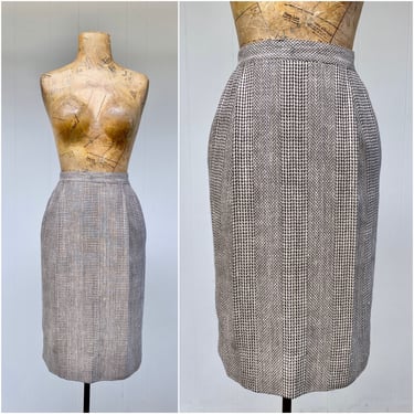 Vintage 1980s Herringbone Pencil Skirt, 80s Taupe Silk/Wool Skirt Made in Italy for Alan Austin Boutique Beverly Hills, EU Size 40 26" Waist 