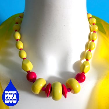 Bright Chunky Vintage Yellow Pink Beaded Statement Necklace 