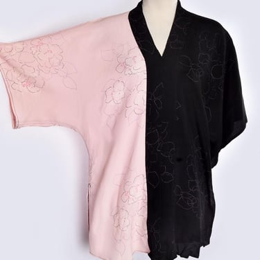 Tunic Blouse Kimono style Pink & Black Vintage 1970's, 1980's Oversized Shirt Top Japanese 