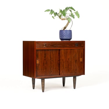 Danish Modern / Mid Century Compact Rosewood Credenza / Sideboard — Sliding Doors + Shallow Drawer 