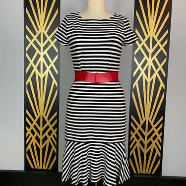 Ralph Lauren, vintage dress, nautical style, black and white striped, medium, jersey dress, minimalist style, classic, mermaid hem, 1990s 