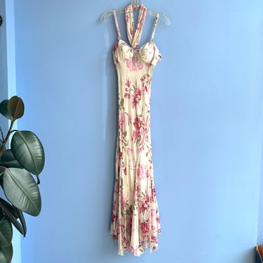 Vintage Y2K Dress / 2000s Diane Freis Floral Silk Gown / White Pink ( XS S ) 