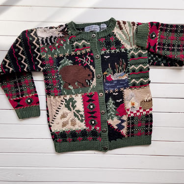 cottagecore sweater 90s vintage Northern Isles forest animal mountain cabin plaid hand knit cardigan 