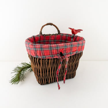 Vintage Wicker Wall Basket with Handle, Rattan Wall Pocket Basket with Red Plaid Liner and Clip-on Red Bird 