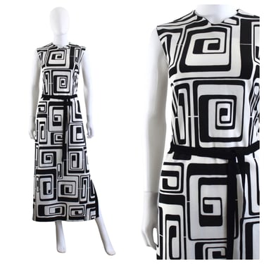 KILLER 1960s Black & White Op Art Print Maxi Dress - 1960s Psychedelic Dress - 60s Maxi Dress - Vintage Op Art Dress | Size Medium 