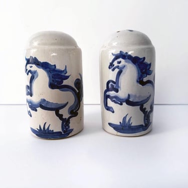 MA Hadley Pottery Salt & Pepper SET Ceramic Blue Horses, Large, Pair, Signed Vintage Stoneware Blue White 