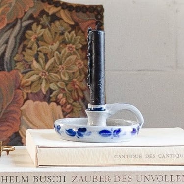 vintage German salt glaze blue cobalt pottery chamberstick