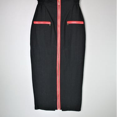 Sporty Spice - Black Wool Pencil Skirt - Zip Front - Faux Leather Trim - Estimated size S 