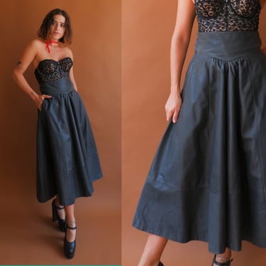 Vintage 80s Guy Laroche Charcoal Leather Skirt/ 1980s High Waisted Full Skirt/ Size Small Medium 27 