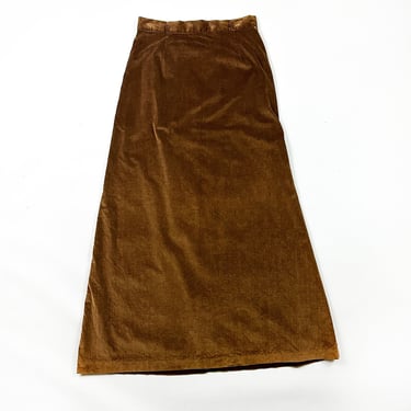 1970s Brown Velvet Maxi Skirt / 30 Waist / Medium / Large / Solid / Winter / Minimal / Velour / Union Made / 70s / Neutrals / Flocked / M / 