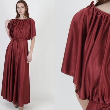 vintage 70s Grecian Goddess Dress / Disco Lounge Sweeping Split Sleeve Dress / Garnet Red Toga Party Maxi Dress 