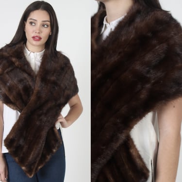 Vintage Brown Mahogany Mink Stole, Real 60s Dark Fur Wrap, Wedding Ceremony Shrug With Pockets 