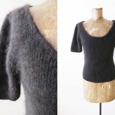 90s 200s  Fuzzy Brown Angora Short Sleeve Top S M - Y2K  Espresso Scoop U Neck Fitted Knit Blouse 