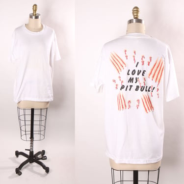 Late 1980s White, Red and Black Novelty Puffy Print I Love My Pit Bull Dog Scratch Short Sleeve T-Shirt big Screen Stars -L 